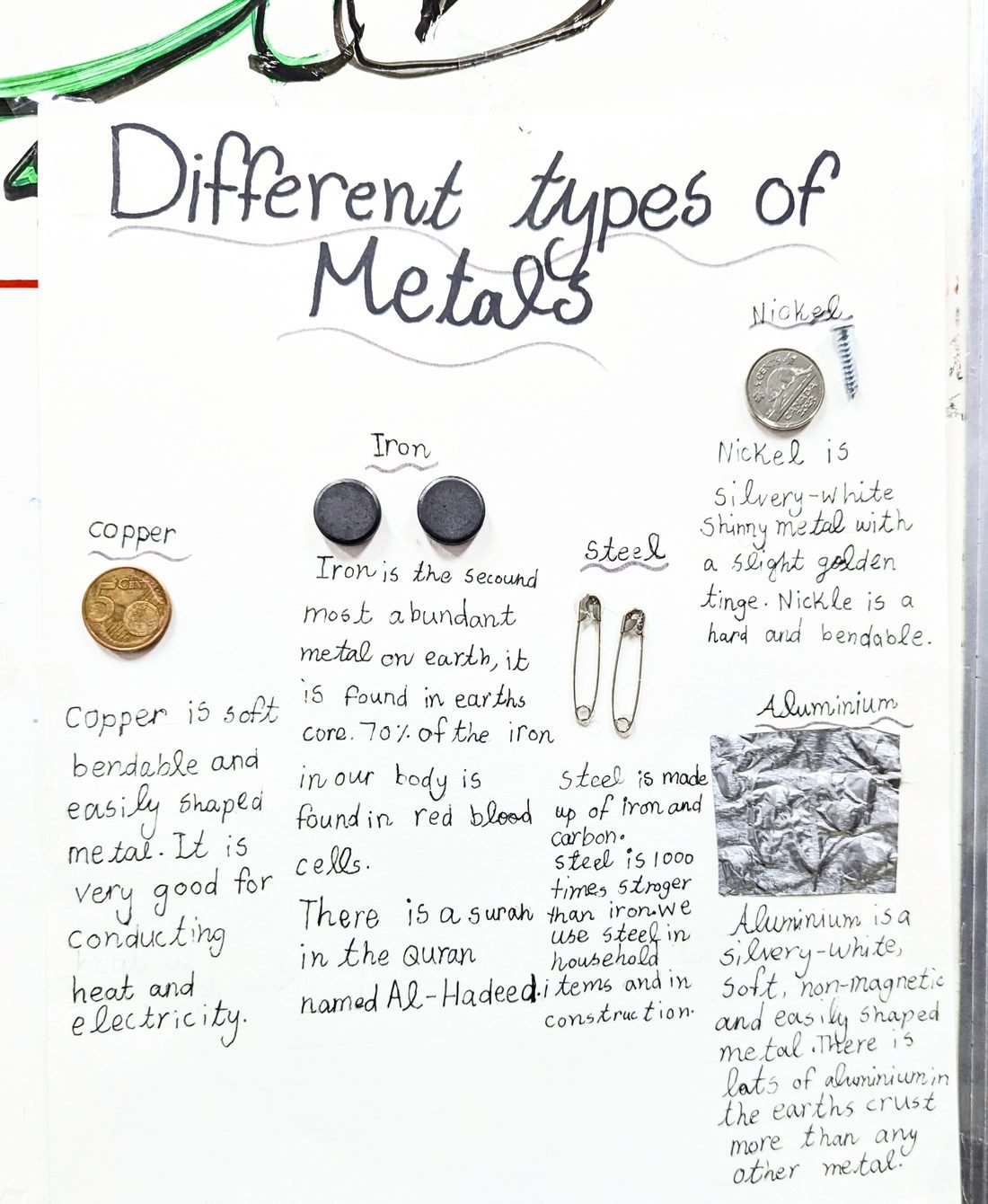 A child's poster about different types of metals with real samples attached and a reference to Surah Al-Hadeed